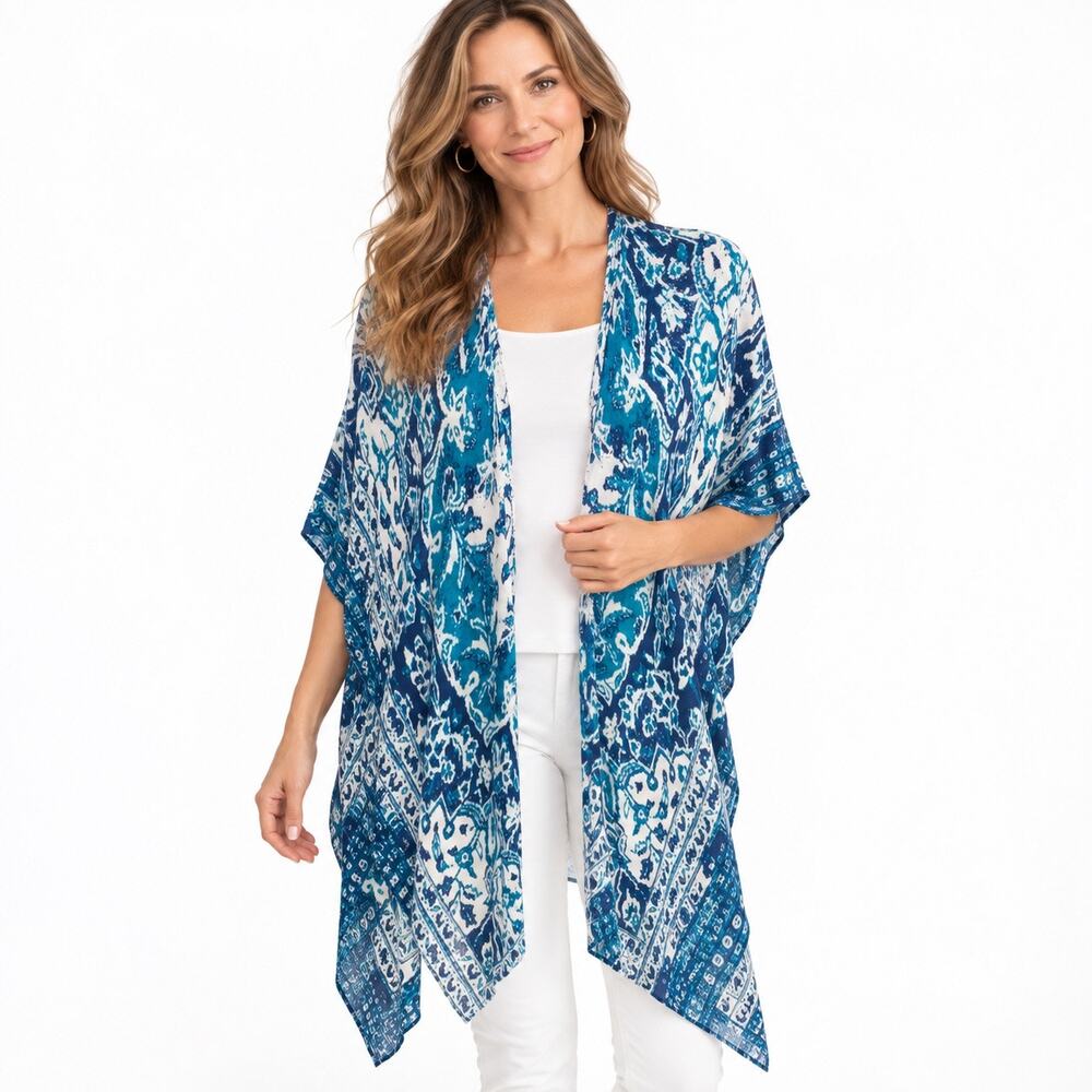 Tahari One Size Blue Teal White Boho Print Lightweight Viscose Kimono Cardigan